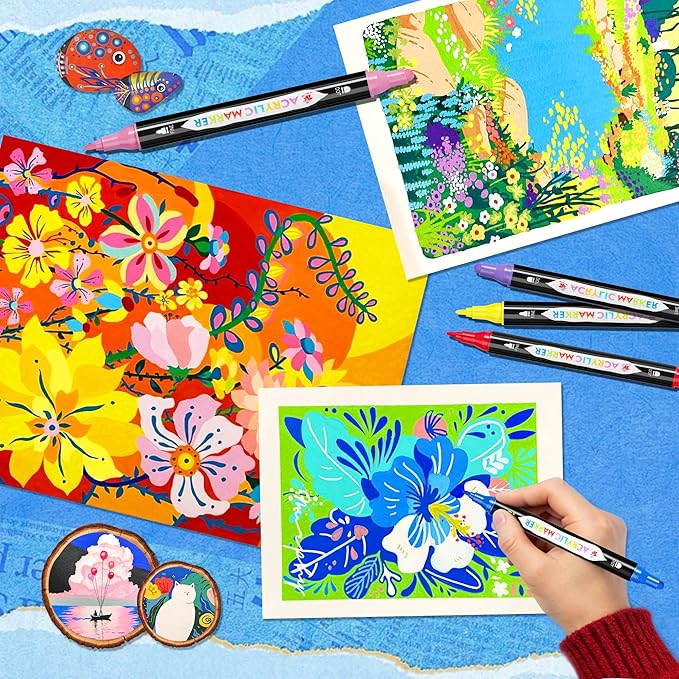 TBC The Best Crafts 24 Colors Dual Tip Acrylic Pens, Dudu Head Acrylic Paint Markers,Suitable for Paper, Pottery, Stones, Backpacks, Glass (24 Colors Dudu Head)