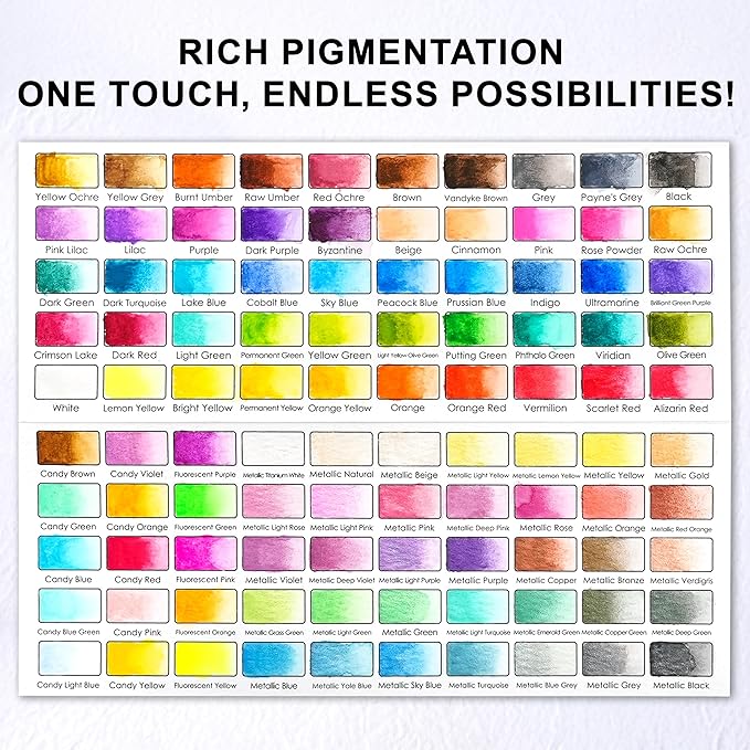 100 Solid Watercolor Paint Kit, Beginner Portable Travel Case with Brushes, Metallic, Macaron, Fluorescent Art Supplies for Anime, Portrait, Canvas Painting - Great Gift for Festivals, Back to School