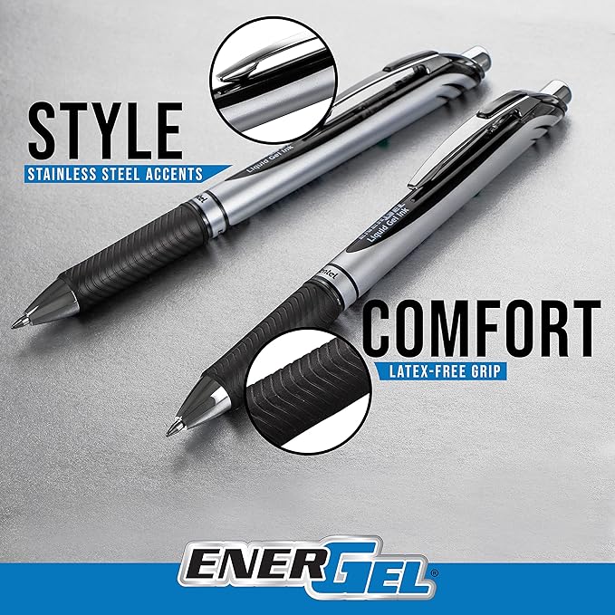 Pentel EnerGel RTX Liquid Gel Ink Pen, (0.7mm), Metal Tip, Green Ink, Box of 12 (BL77-D)