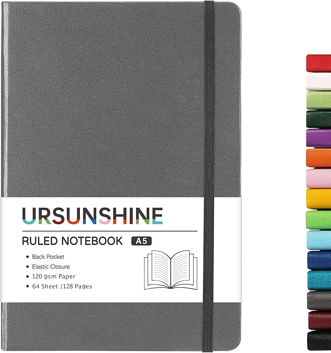 URSUNSHINE Ruled Notebook/Journal - Classic Lined Journal/Notebook, Hardcover with Thick Paper, 5.3" x 8.26", Banded + Pen Holder +Inner Pocket - Gray