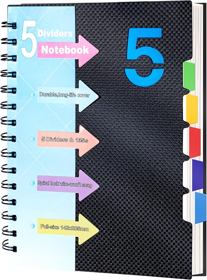 CAGIE 5 Subject Notebook with Dividers 220 Pages Spiral Notebooks with Tabs 5x7 A5 Spiral Bound Journal for Note Taking Work School Supplies, Wide Ruled, Black