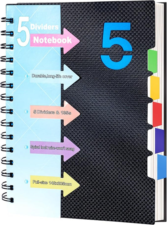 CAGIE 5 Subject Notebook with Dividers 220 Pages Spiral Notebooks with Tabs 5x7 A5 Spiral Bound Journal for Note Taking Work School Supplies, Wide Ruled, Black