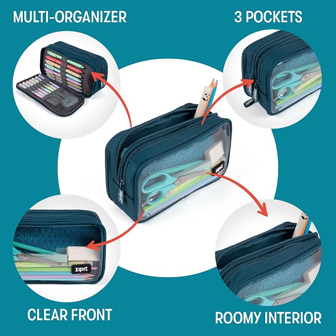 ZIPIT Half & Half Pencil Case, 3-Compartment Aesthetic Zipper Pouch, Teal | Clear-front pencil case for school, dedicated organizer panels, holds up to 70 pens & pencils, durable easy-care polyester
