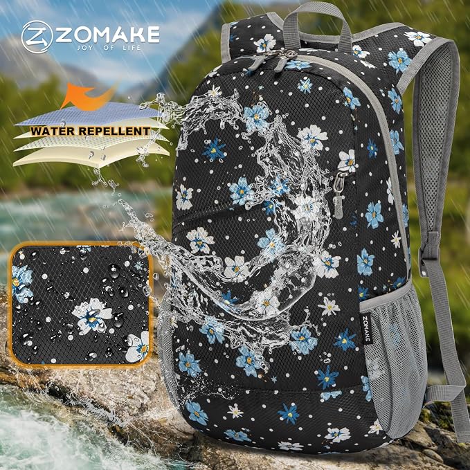 ZOMAKE Lightweight Packable Backpack 20L, Foldable Small Daypack for Hiking | Water Resistant Backpacks Day Bag for Travel Outdoor Camping Sport, Everyday Carry(Black, White Polka Dot Floral)