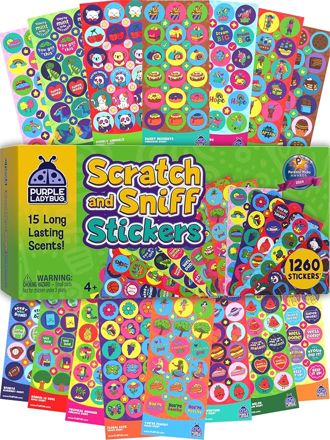 Purple Ladybug 1260 Variety Scratch and Sniff Stickers - Classroom Decor with 15 Unique Scents - Fun and Motivational Rewards for Kids and Teachers Must Haves, Smelly Sticker Back to School Gift