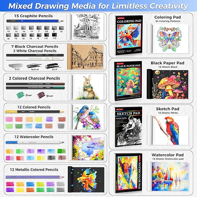 133 Pack Art Supplies Sketching Kit with Sketch Book, Coloring Book, Watercolor Pad, Black Paper Pad, Tutorial, Graphite Colored Charcoal Watercolor & Metallic Pencils for Artists Beginners Adults