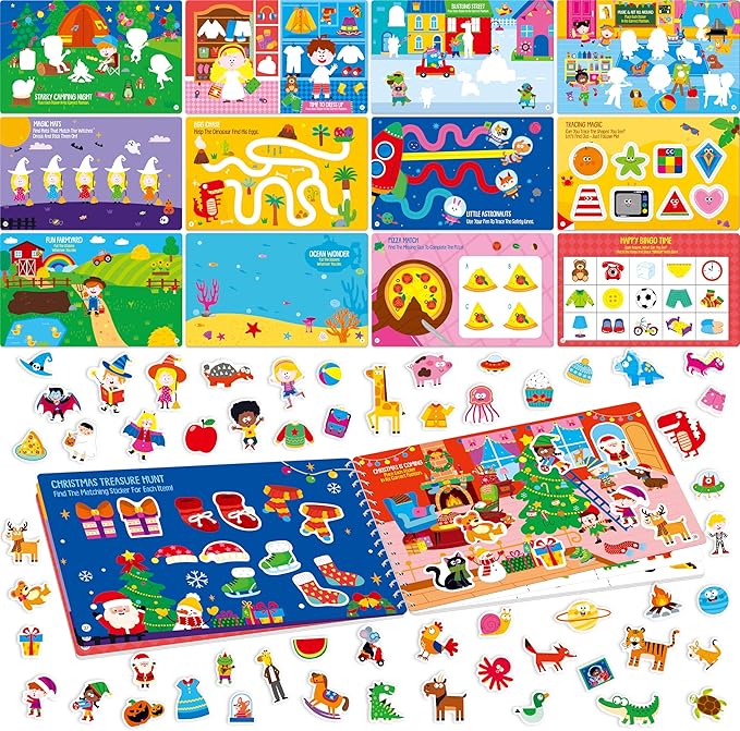 SpriteGru Sticker Activity Pad, 30 Different Scenes & 100+ Reusable Stickers, Dry Erase Brain-Boosting Puzzle Activities Book for Kids, Educational Toy for Road Trip, Airplane & Car Travel