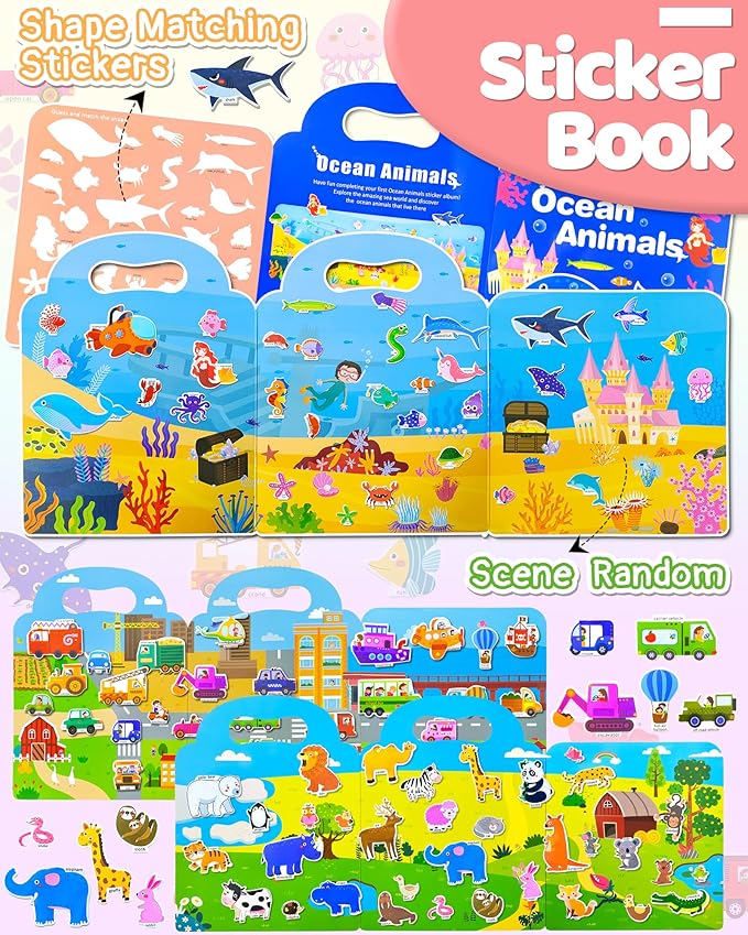 Benresive Reusable Sticker Book for Toddlers & Stickers for Kids, Toddler Travel Toys, Craft Activities, Boys & Girls Birthday Gifts