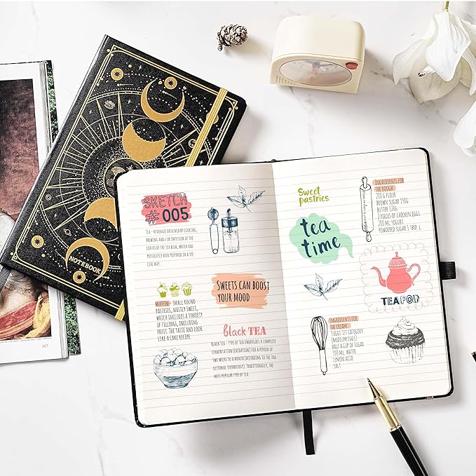 Artfan Ruled Notebook/Journal – Premium Thick Paper Classic Writing Notebook with Pocket + Page Dividers Gifts, Banded, Large, 128 Pages, Hard Cover, Lined (5.3" x 8.26") - Sun and Moon