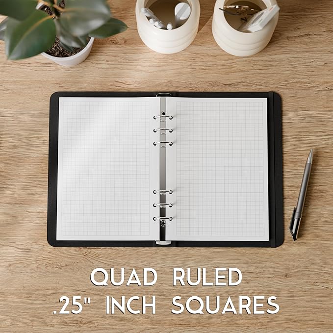 A5 Graph Paper Refill, 6-Hole Punched, Quad Ruled, 120GSM, 200 Sheets (400 Pages), 5.83 x 8.27 inches, 1/4 Inch Squares for 6-Ring Planner Binders