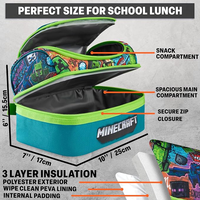 Get Trend Minecraft Kids Lunch Box 3 Pc Set with Insulated Lunch Bag, Bento Box with Two Mini Pots & 20 fl oz Water Bottle with Straw for School, Picnic, Creeper Gamer Gifts for Boys (Multi Minecraft)