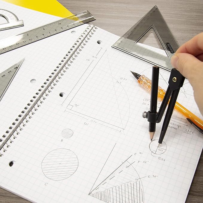 BAZIC Products Math Geometry Set 4 Pieces, Compass, Protractor, Ruler, 2 Triangle Rulers, Plastic Clear Measuring Setss Professional, 144-Packs