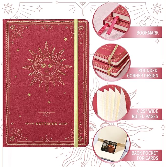 Artfan Ruled Notebook/Journal – Premium Thick Paper Faux Leather Classic Writing Notebook with Pocket + Page Dividers Gifts, Banded, Large, 144 Pages, Hard Cover, Lined (5.8 x 8.4) - Red