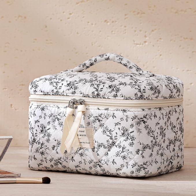 HBselect Quilted Makeup Bag, 3Pcs Cotton Large Travel Makeup Bags Organizer | Cute Floral Make up Bag Cosmetic Bag Toiletry Bag for Women Girls, Makeup Pouch for Skincare, Brushes & Travel Essentials