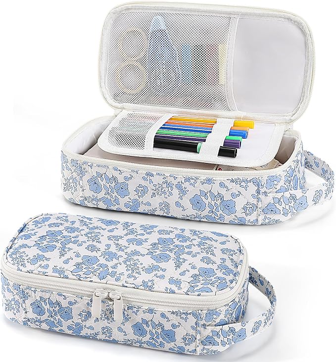 Cute Floral Quilted Pencil Case for Girls, Large Aesthetic Pen Pouch with Handle, Multi Compartment Stationery Organizer, Portable Travel Cosmetic Makeup Bag Back to School