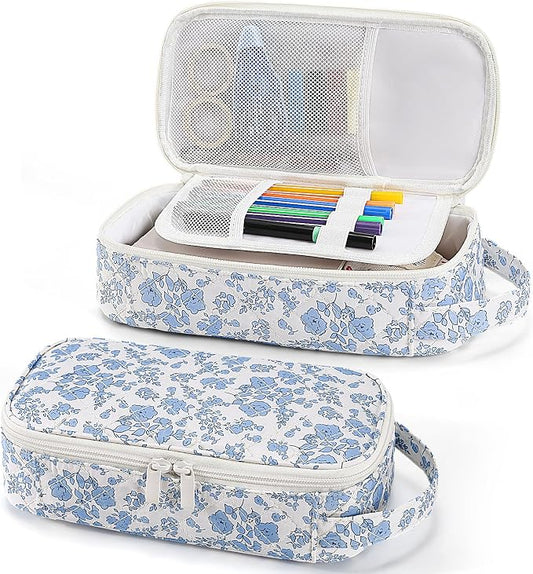 Cute Floral Quilted Pencil Case for Girls, Large Aesthetic Pen Pouch with Handle, Multi Compartment Stationery Organizer, Portable Travel Cosmetic Makeup Bag Back to School
