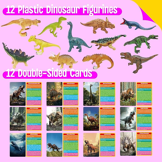 12 PCS Dinosaur Figurines with 12 Introducing Flashcards, Portable Dinosaur Figurines Montessori Toys Science Educational Matching Game for Homeschool Preschool Toddler Kids