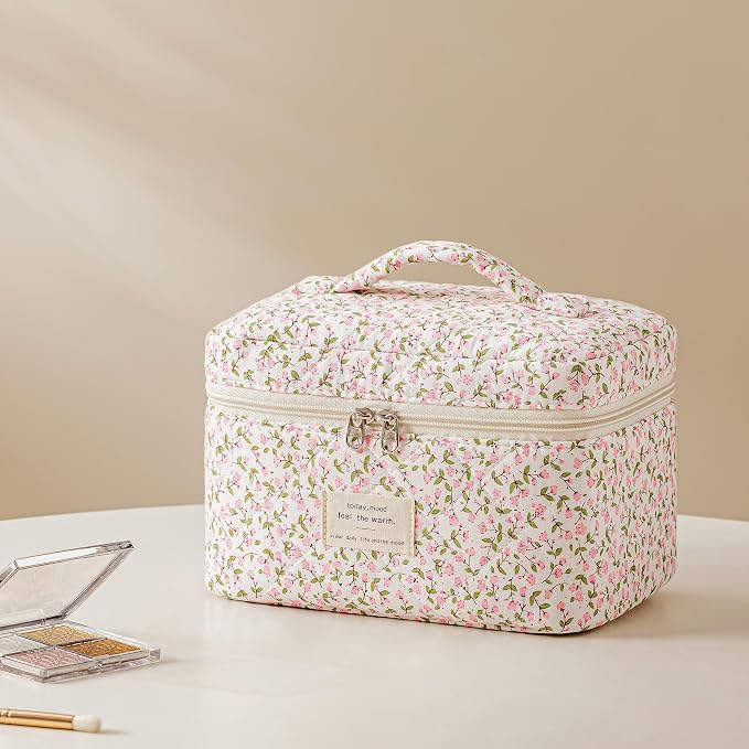 HBselect Quilted Makeup Bag, 3Pcs Cotton Large Travel Makeup Bags Organizer | Cute Floral Make up Bag Cosmetic Bag Toiletry Bag for Women Girls, Makeup Pouch for Skincare, Brushes & Travel Essentials
