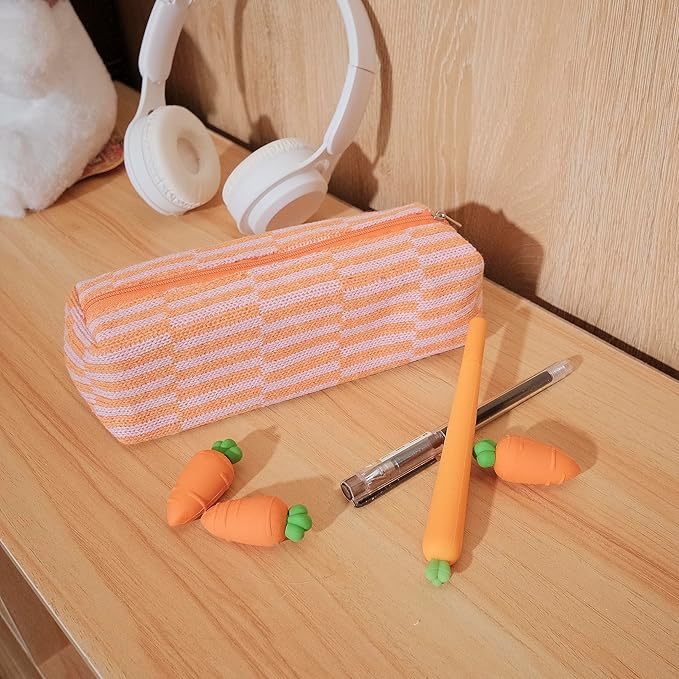 Pencil Case Pen Case Office College School Storage Bag Pouch Holder Box Organizer Makeup Pouch Cosmetic Bag Aesthetic Cute Pencil Case for Girls Boys Kids (Orange + Pink streak)