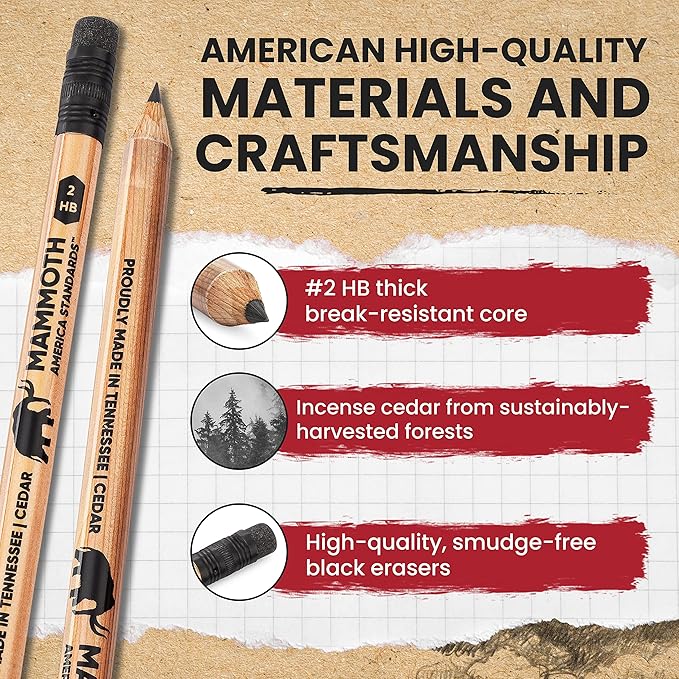 Mammoth Jumbo Pencils - 12 Pack, American-Made Cedar Pencils for Preschoolers, Kids, Carpenters, Handymen, People with Hand Issues, Comfortable Grip, Break-Resistant Graphite Core, Smudge-Free Eraser