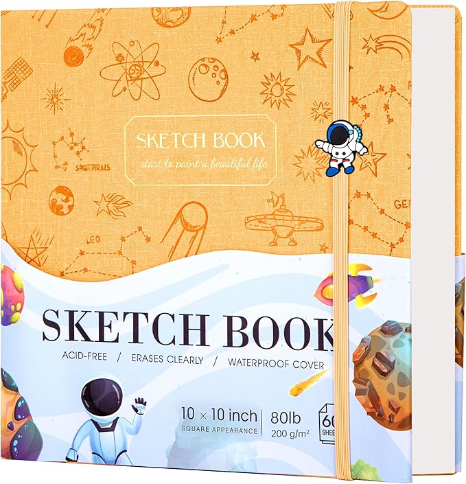 FLYING EAGLE Sketch Book for Kids 10"X 10" Large Hardcover Sketchbook for Drawing 120GSM Thick Paper, Square Art Drawing Paper 120 Pages Sketch Pad for Boys Girls Teens,Gift Boxed, Yellow