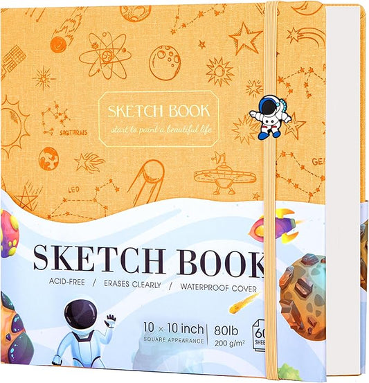 FLYING EAGLE Sketch Book for Kids 10"X 10" Large Hardcover Sketchbook for Drawing 120GSM Thick Paper, Square Art Drawing Paper 120 Pages Sketch Pad for Boys Girls Teens,Gift Boxed, Yellow