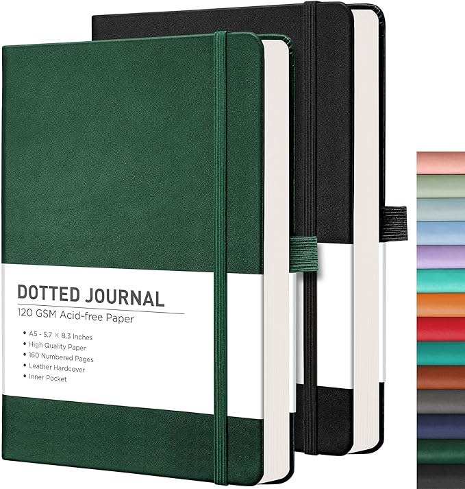 RETTACY Dotted Journal Notebook, 2-Pack, 160 Numbered Pages per Pack, A5 Medium Size (5.7'' x 8.3''), 120 GSM Thick Paper, Leather Hardcover, for Journaling, Planning, Tracking (Black & Dark Green)