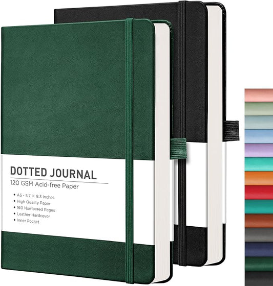 RETTACY Dotted Journal Notebook, 2-Pack, 160 Numbered Pages per Pack, A5 Medium Size (5.7'' x 8.3''), 120 GSM Thick Paper, Leather Hardcover, for Journaling, Planning, Tracking (Black & Dark Green)