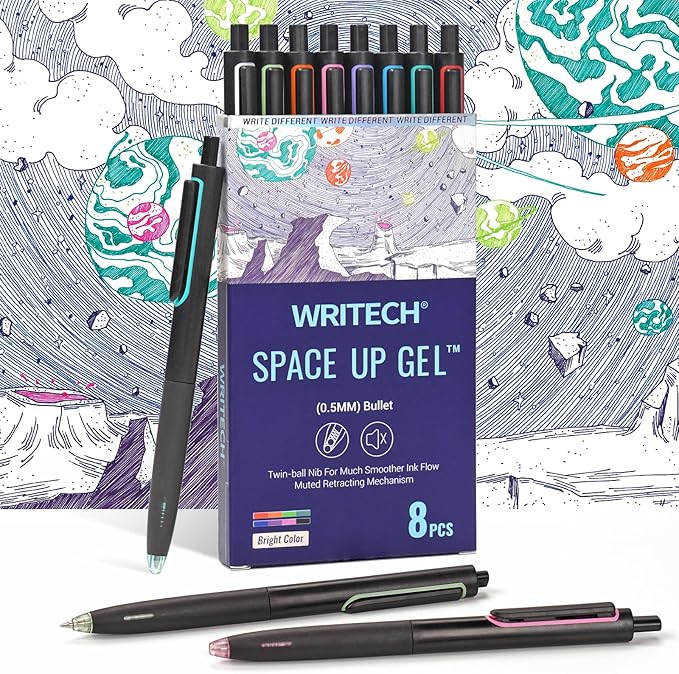 WRITECH Retractable Gel Ink Pens: 0.5mm Fine Point Pen Multicolor No Smear & Smudge for Journaling Sketching Drawing Extra Smooth Writing Non Bleed Silent Click Pen Set 8ct - Assorted Colors