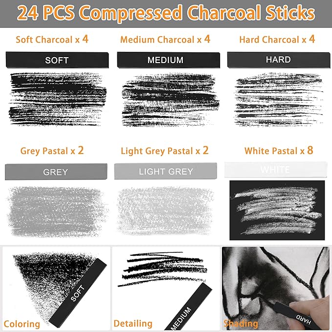 24 Pcs Compressed Charcoal Sticks with Soft, Medium, Hard and White Charcoal, Square Charcoal Stick Kit for Drawing, Sketching and Shading (12 Black + 4 Gray + 8 White)