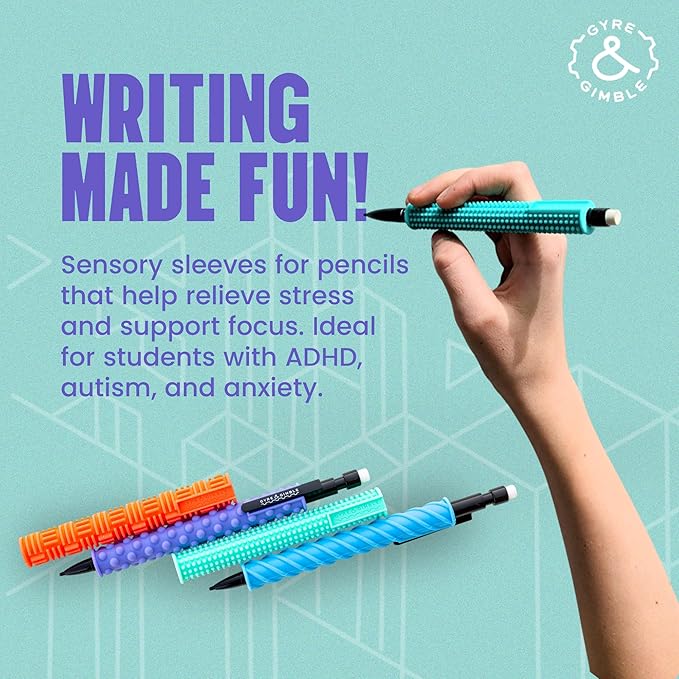 Gyre & Gimble Pencil Gidgets – Textured Silicone Pencil Sleeve for Quiet Fidgeting – Transform Your Mechanical Pencil into a Sensory ADHD Tool for Kids and Adults – 4 Sleeves & 2 Pencils