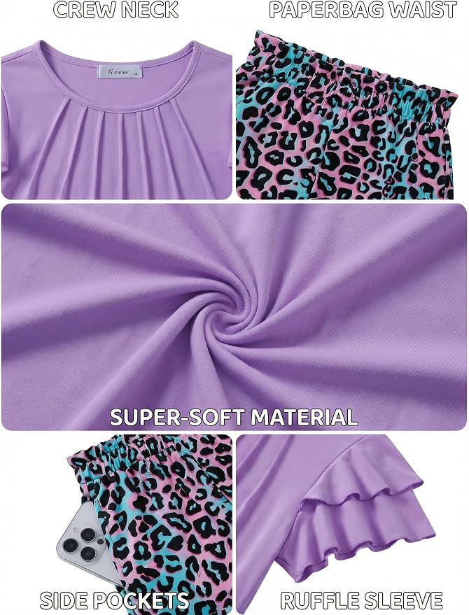 Arshiner Girls 2 Piece Outfits Summer Ruffle Sleeve Top and Paperbag Waist Shorts Set with Pockets Size 5-13 Years