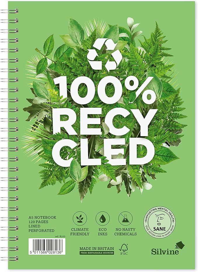 Silvine A5 Premium Recycled Wirebound Notebook - 120 Lined Pages of 100% Recycled Paper. Ref R103