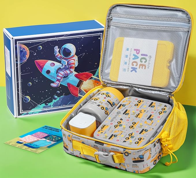 Fimibuke Bento Lunch Box for Kids Toddler Boys with 12OZ Insulated Food Jar | 3-Compartment 32OZ Snack Lunch Container Bento Box, Lunch Bag & Ice Pack Set for Age 3-12 School Daycare, Construction Trucks