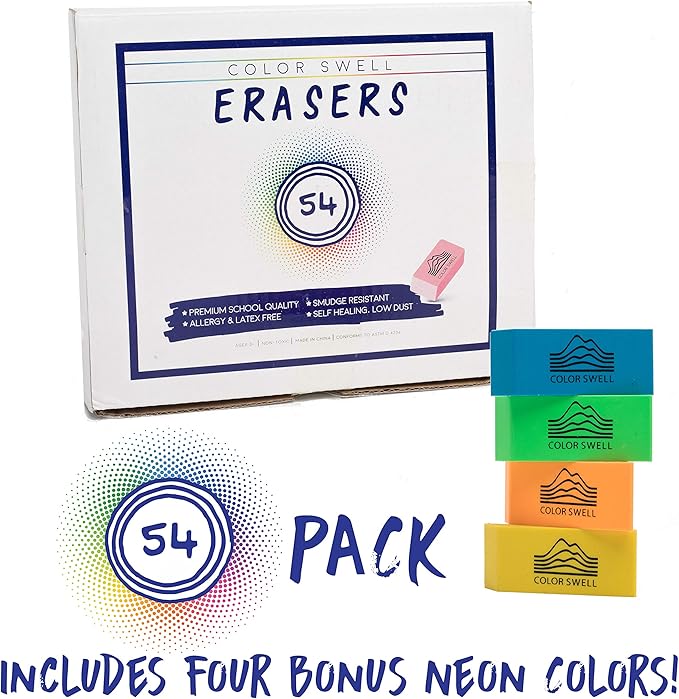 Color Swell Bulk Neon and Pink Erasers - Pink Erasers for Kids School Office 54 Pack