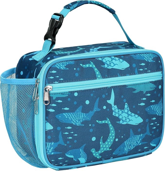 Bagseri Kids Lunch Bag Boys - Thermal Insulated Lunch Box Tote with Water Bottle Holder, Reusable Leak-Proof Kids Lunch Box for Daycare & School, Blue Shark (Containers Not Included)