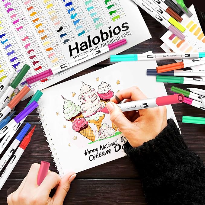 Halobios 120 Color Dual Tips Brush Pens, Fine and Brush Tip Markers with Swatch Card for Adult Coloring, Art Markers Set for Journaling Calligraphy Drawing Sketching Doodling Illustrating