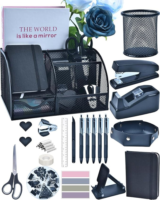 Black Desk Accessories, 24Pcs Office Supplies and Desk Organizers, with Tape Dispenser, Stapler, Staple Remover, Ect, Gift Box Packaging