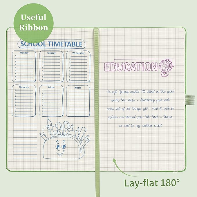 Graph Grid Paper Notebook/Journal - Classic Journal/Notebook with Ribbon Divider, Hardcover with Thick Paper, 5.3" x 8.26", Banded + Pen Holder +Inner Pocket - Light Green