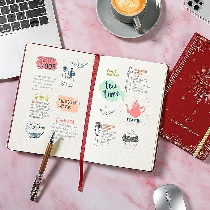 Artfan Ruled Notebook/Journal – Premium Thick Paper Faux Leather Classic Writing Notebook with Pocket + Page Dividers Gifts, Banded, Large, 144 Pages, Hard Cover, Lined (5.8 x 8.4) - Red