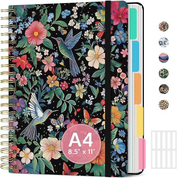 Large Spiral Notebook with Dividers & Tabs, 8.5" x 11" Hardcover 5 Subject Notebook for Work, 280 Pages, College Ruled, Cute Journal for Women, Perfect for Study & Office Note Taking, Hummingbird