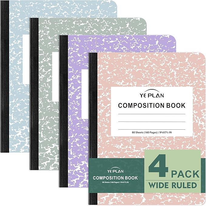 Composition Notebooks 4 pack, Wide Ruled Notebook Paper, 9 3/4" x 7 1/2", 80 Sheets/160 Pages, Pastel Marble Hard Cover Composition Notebook, Aesthetic School & Office Supplies (4, Pastel Colors)