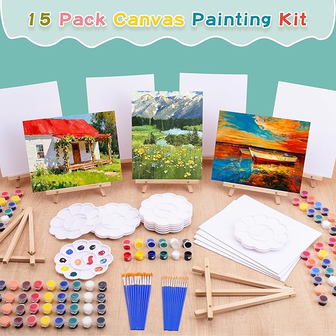 15Pack 8x10 Inch Canvas and Easel Set, Sip and Paint Kit for Adults,Art Canvas Bulk with Easels Stands, Trays,Small Paint Brushes,12 Colors Mini Acrylic Paint Set for Couples,Kids and Party Supplies