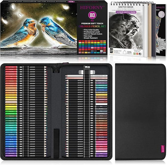 HIFORNY 80PCS Colored Pencils Set for Adults – 72 Soft Core Colored Pencils with Sketchbook, Coloring Book,Blender,Burnisher,Eraser,Sharpener & Color Chart – in Gift Box & Zipper Case