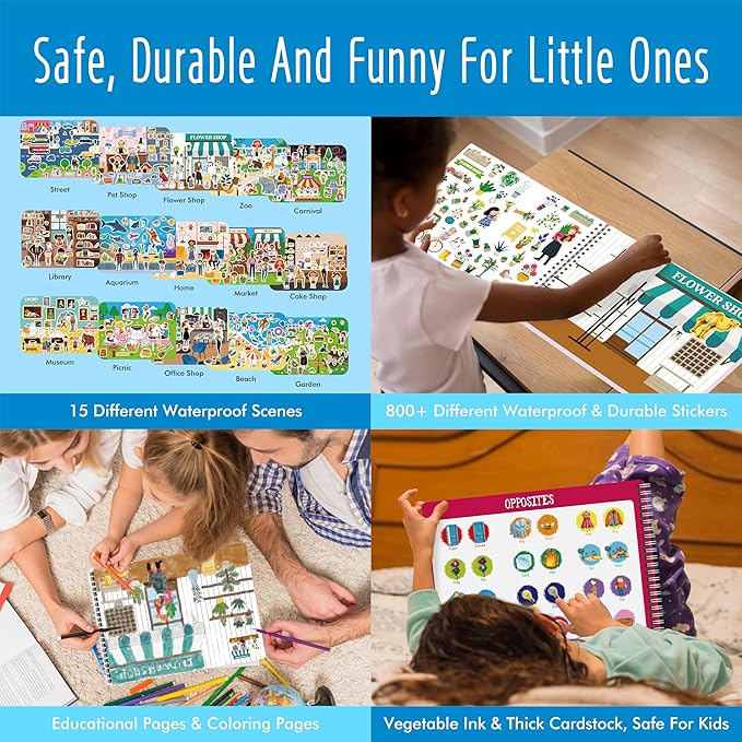 800+ Stickers & 15 Town Scenes Sticker Book, Funny Side By Side All Around Town Sticker Book Educational Activity Games- Great for Toddlers, Kids, Boys & Girls