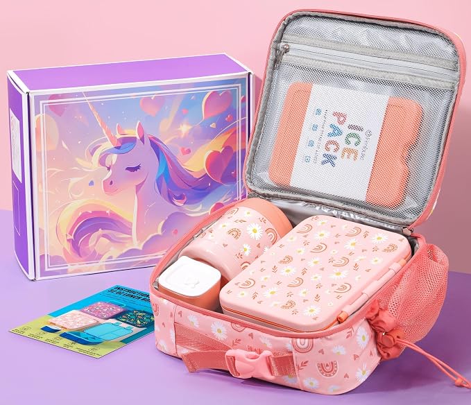 Fimibuke Bento Lunch Box for Kids Toddler Girl with 12OZ Insulated Food Jar | 3-Compartment 32OZ Snack Lunch Container Bento Box, Lunch Bag & Ice Pack Set for Age 3-12 School Daycare Camp, Rainbow Daisy