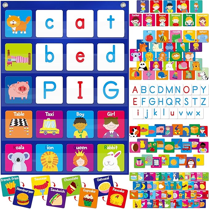 Magnetic Word Pocket Chart, 156 Double Sided Flashcards - CVC Words, First Words & 26 Letters, CVC Literacy Games, Phonics Reading and Spelling Learning Tool for Kindergarten Classroom