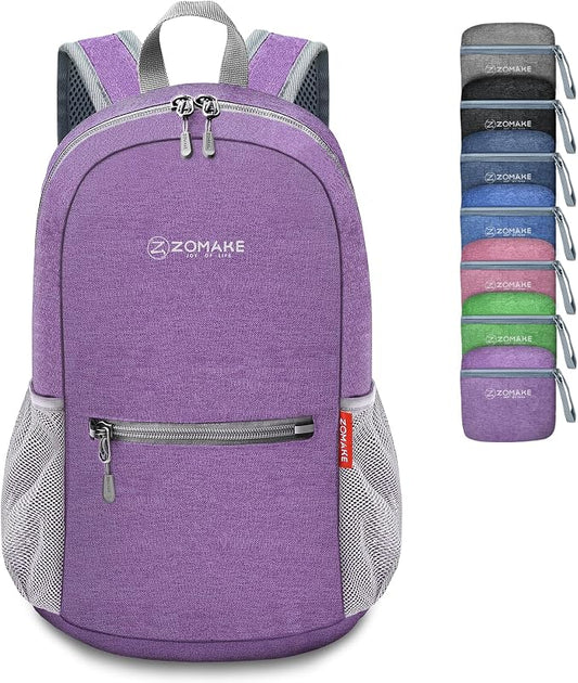 ZOMAKE Lightweight Packable Backpack, 10L Small Foldable Daypack for Hiking | Water Resistant Collapsible Backpacks for Women Men,Everyday Carry,Multi Compartment Storage,Adjustable Strap(Light PurpleA5)