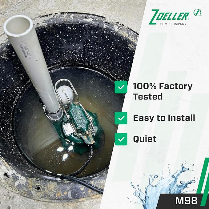 Zoeller M98 Flow-Mate Sump Pump - 1/2 HP - Cast Iron - LED Power Plug - High Flow - Vortex Impeller - Stainless Steel Hardware - Factory Tested and Float Operated - Submersible Sump Pump - 115V