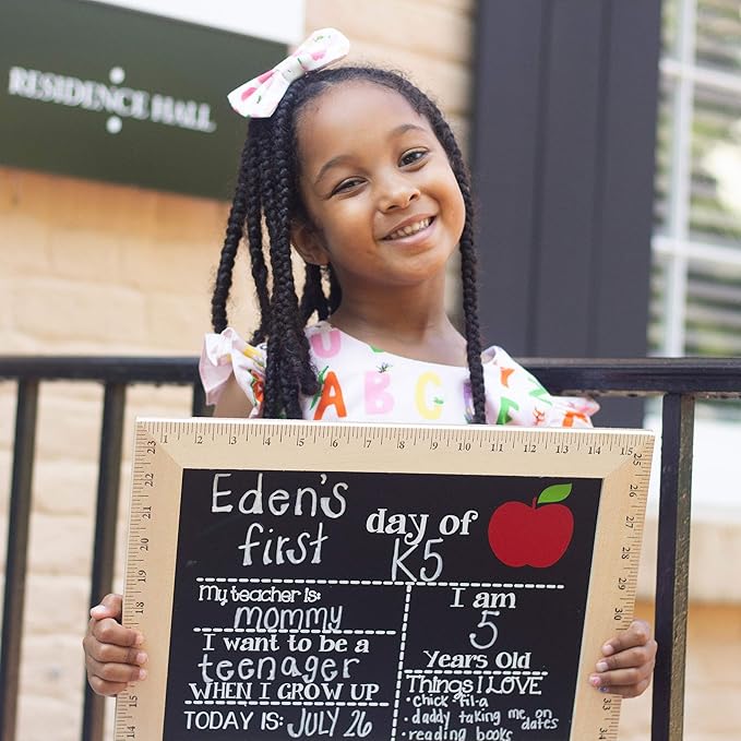 Bloom Owl First Day of School Chalkboard Sign - 11.5"x15" Reusable Back to School Photo Prop with Wooden Ruler Frame for Preschool, Kindergarten, and Beyond